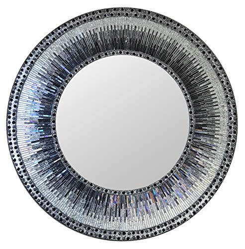 Decorshore Kaleidoscope 24 Inch Wall Mirror, Luxe Multi-Colored Silver And Iridescent Charcoal Gray Glass Mosaic Framed Wall Mirror, Decorative Round Accent/Vanity Mirror (24" X 24") #TOP6