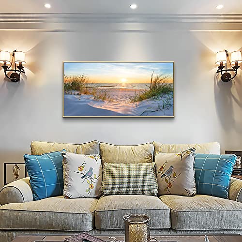 Sea Beach Framed Canvas Wall Art For Living Room Large Size Wall Decor For Bedroom Fashion Office Wall Decorations Sun Seascape Wall Painting Blue Ocean Pictures Artwork Natural Wood Framed 24" X 48" #TOP2