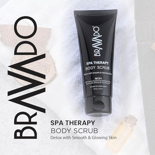 Image of BRAVADO Spa Therapy Body Scrub for Men | Deep Exfoliating Body Scrub for Dead Skin Removal, Smooth Skin & Hydration | Gentle Body Polish | 100g