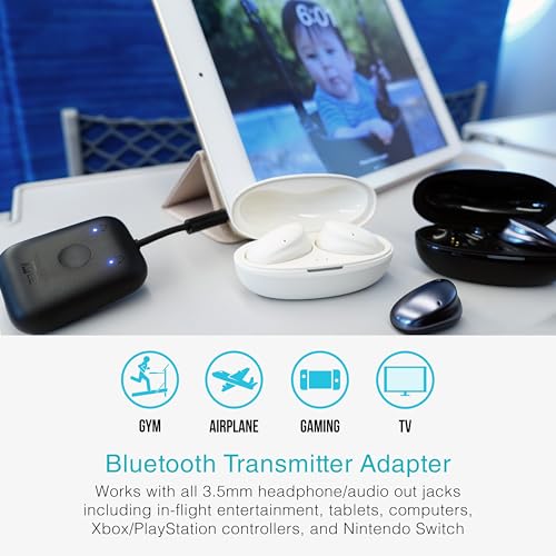 Image of MEE audio Connect Air (2 PACK) in-Flight Bluetooth Wireless Audio Transmitter Adapter for up to 2 AirPods /Other Headphones; Works with All 3.5mm Aux Jacks on Airplanes, Gym, TVs, & Gaming, Black&White