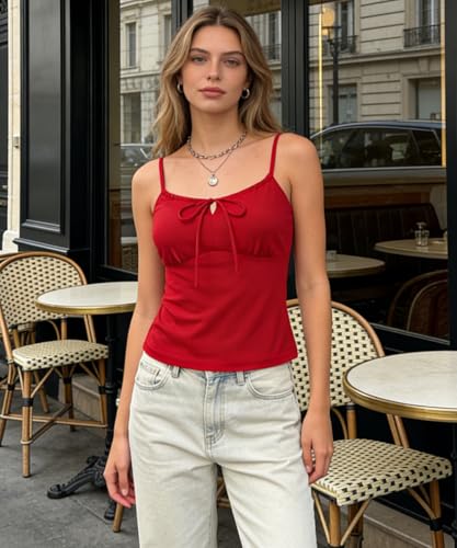 Image of Belle Poque Women's Tie Front Spaghetti Strap Top Sexy Cutout Crop Tank Top Y2k Slim Fit Going Out Camisole Tops