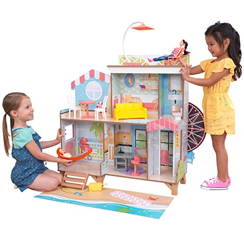 KidKraft Grande Roue Maison de Poupée en Bois incluant Accessoires et Mobilier, 3 étages de Jeu avec Hamac et Chaise de Plage pour Poupées 30 cm, Jouet...