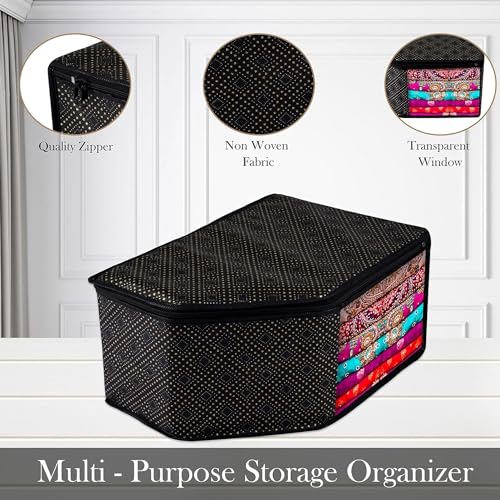 Image of Kuber Industries Pack of 9 Blouse Cover | Non-woven Zipper Closure Wardrobe Organizers | Clothes Organizer with Transparent Window | Golden-Dot Clothes Bag | Black