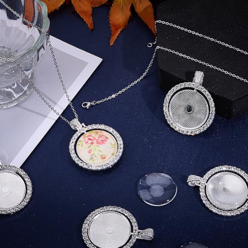 SOFPLATE 1 Box 24Pcs 25mm Round Bezel Pendant Trays Rhinestone Bezel Pendant Trays Set Glass Cabochon Bezel Blank Double Sided Rotatable Tray with Chains for Jewellery Making Supplies DIY Necklace - Image 3