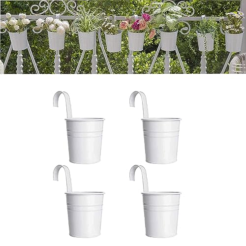 Wensmy 4PCS Metal Hanging Plant Flower Pots with Drainage Hole Fence Balcony Railing Planters Outdoor Garden Pots with Detachable Hooks (White)