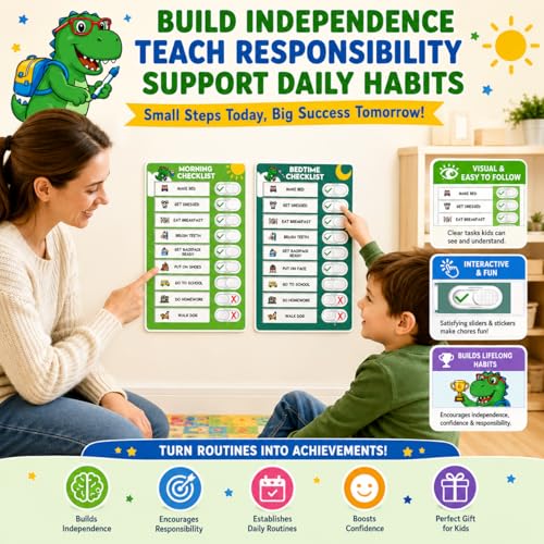 Image of Upgraded Slider Morning /Bedtime Routine Chart for Kids Toddlers - Magnetic Kids Chore Chart for 2 Kids, Dry Erase Chore Chart for Kids, Visual Schedule for Kids