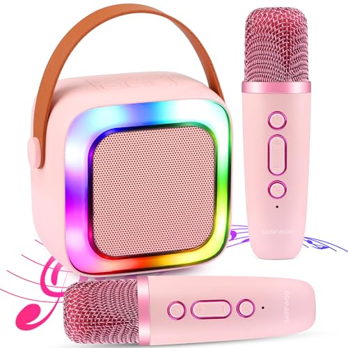 Kids Karaoke Machine for Girls with 2 Wireless Mics, Mini Portable Rechargeable Bluetooth Wireless Karaoke Speaker Kids Toys with RGB Lights, 4 Variable Voice, for 4, 5, 6, 7, 8, 9, 10 +Year Old