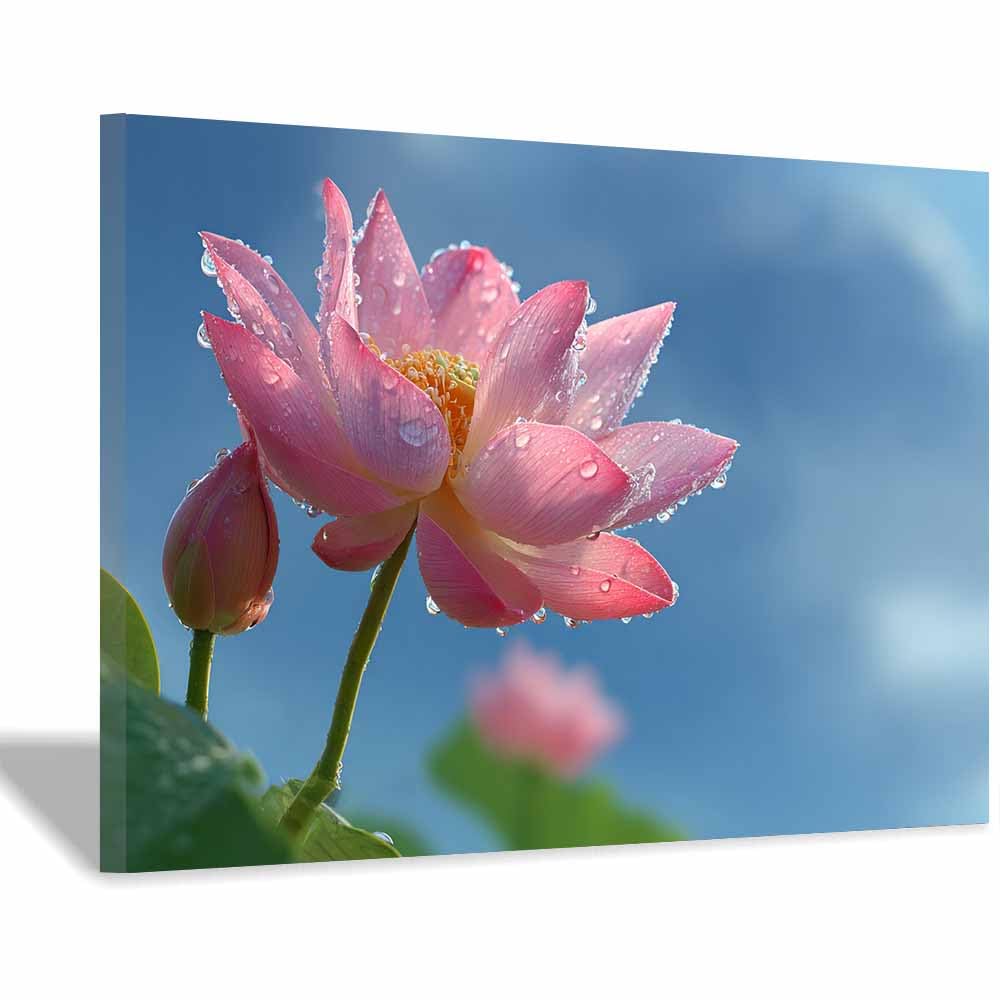 ZAMAEIU Large Nature Canvas Paintings Prints Dew-kissed Lotuss Landscape Picture, Modern Living Room Decor, Dining Room Hallway Home Decoration(pink)-70x100cm Framed