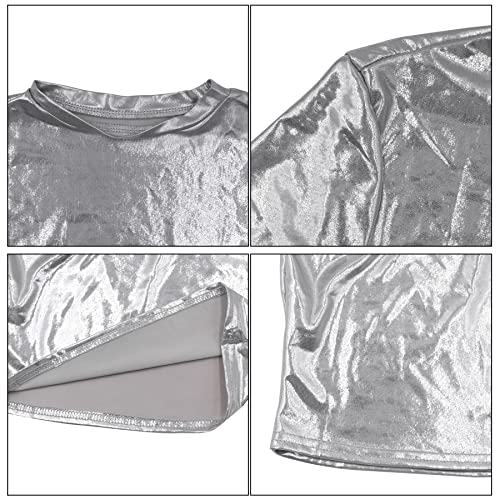 ANKOMINA Women Metallic Silver Crop Tops Short Sleeve Round Neck T Shirt Tee Blouse Y2k Clothes for Streetwear Night Club 7