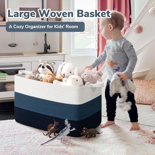 Image of Goodpick 85L Large Blanket Basket 23.6 inch x 15.7 inch x 13.8 inch Cotton Rope Storage Baskets for Organizing, Rectangle Woven Baskets for Storage, Baby Toy Basket for Nursery Bedroom, Blue