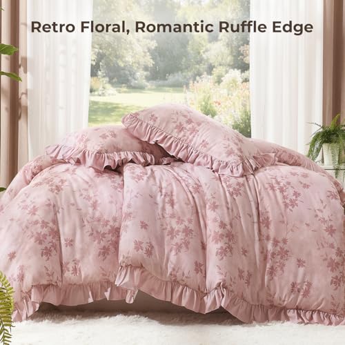Image of Litanika Grey Pink Queen Comforter Set, 3 Pieces Ruffle Floral Farmhouse Bedding Comforter Set, All Season Soft Lightweight Fluffy Microfiber Bed Set(90x90In Comforter, 2 Pillowcases)