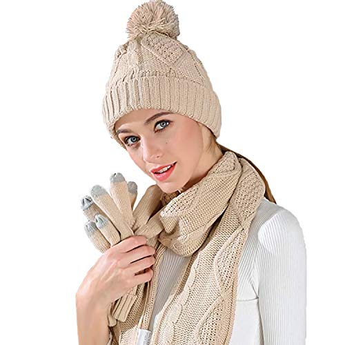 Hat Gloves Scarf Set Women - Beanie Winter Gift Set Warm Knit Pom Cap Touch Screen Glove Long Scarf 3Pcs For Women #TOP10