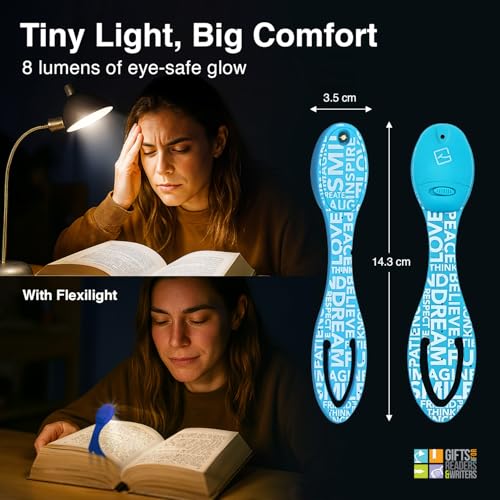 Image of Gifts for Readers & Writers Book Light, Clip On Reading Light for Bed, 2in1 Flexilight & Bookmark, Small & Lightweight with a Soft Glow, 2 Batteries Included, Blue Words