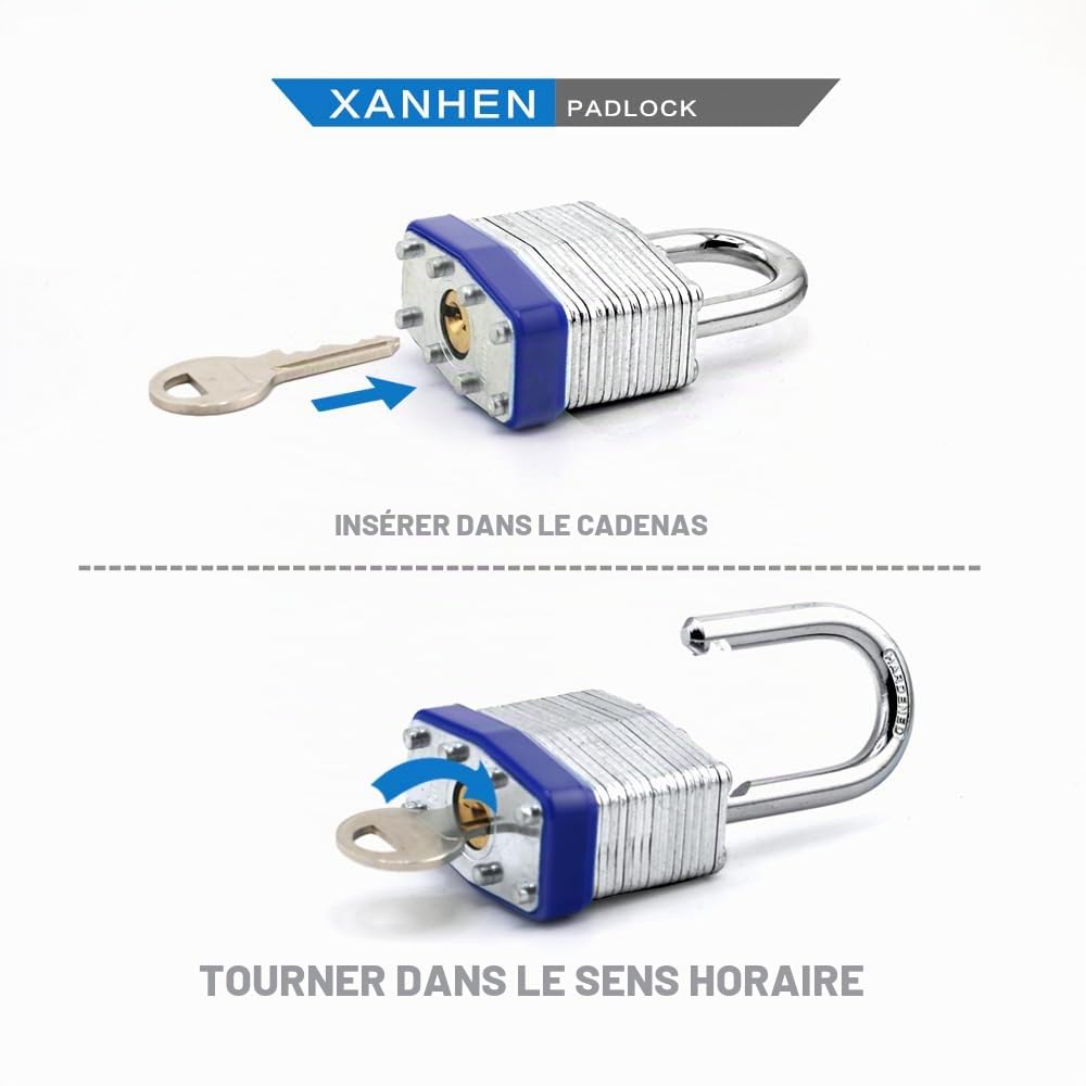 Lot de 12 cadenas d'extérieur à clé avec la même clé – Cadenas à clé en acier laminé avec anse normale, pour loquet à moraillon, abris de jardin, clôtures, casier de rangement, école, salle de sport