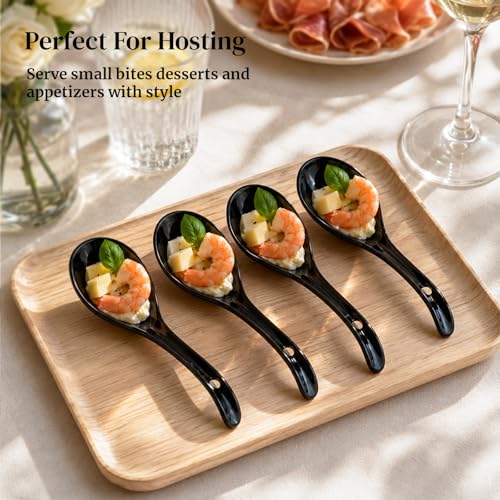 Image of DOWAN Soup Spoons, Ceramic Asian Soup Spoons, Black Japanese Spoon Large for Ramen Pho Wonton Dumpling Miso, Deep Oval Hook Design, Set of 4 (Black)