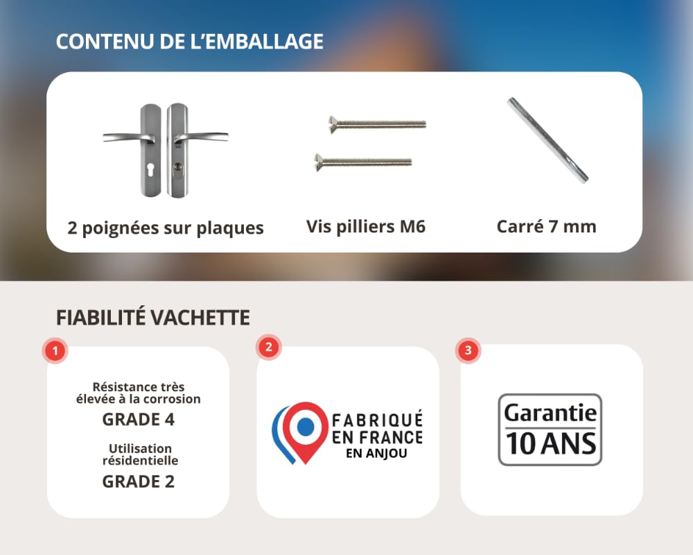 Vachette MUZE -Poignée de porte blindée sur Plaque pour porte d'Entréee - Version Clé I - Entraxe 195 mm - Matériau Zamak Résistant - Finition Chrome Velours - Garantie 10 Ans