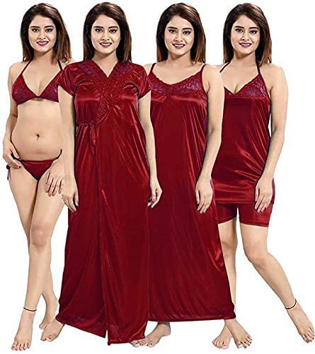 Women’s Satin Nightwear Set of 6 Pcs Wrap Gown, Nighty, Top, Shorts, Bra and Panty(6p Shorts) Latest