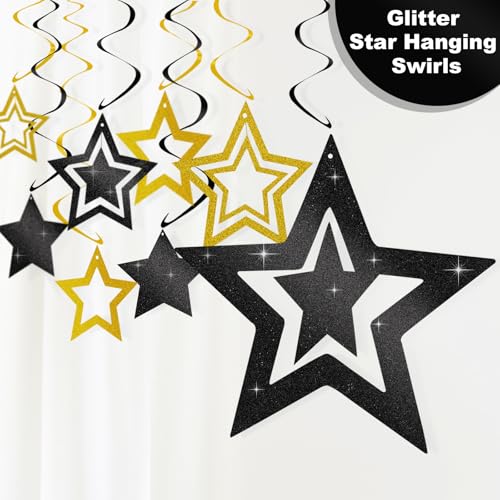 Image of Black Gold Birthday Party Decorations Supplies Happy Birthday Banner Honeycomb Balls Fringe Curtain Foil Balloons Hanging Swirls Cake Topper Tablecloth Party Supplies for Boys Men