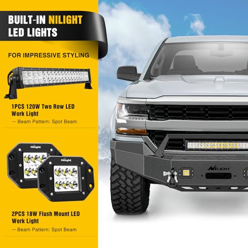 Image of Nilight Front Bumper Compatible for 2016 2017 2018 Chevy Silverado 1500 Pickup Trucks Textured Black Solid Steel Off-road with 120W Light Bar 18w Pods