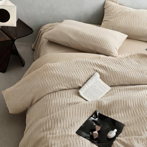 Covebett Seersucker Bettwäsche 135x200 2teilig Beige Gestreift Atmungsaktiv – Ansicht 3