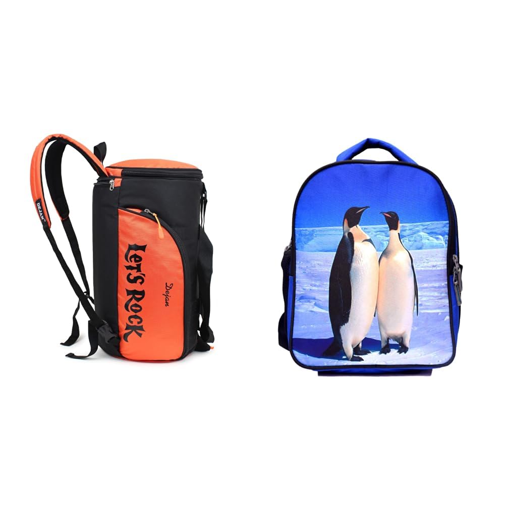 Bags Stylish Duffle Cum Backpack for Travel/Gym Bag for Men & Women - (Black, Neon Orange) + Bags Dejan Girls Boys Blue Penguine Couple Printed Kids School Multipurpose Picnic Tution-image-17