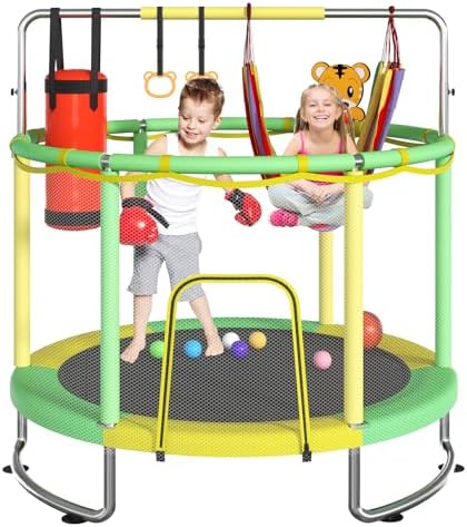 Trampoline for Kids, Upgrade Full Anti-Rust 440lbsToddler Trampoline with Net,Upgraded Ring Legs with Adjustable Gymnastics Bar&Toys, Gifts for Ages 1-8 Boys&Girls
