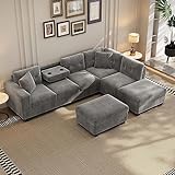 P PURLOVE Sectional Sofa Couch with Reversible Chaise and Ottoman, Polyester L-Shape Couch with 2 Pillows and Cup Holder, Sectional Sofas for Living Room (Gray)
