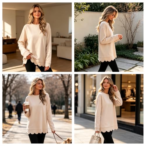 Womens Scalloped Sweatshirt Crewneck Oversized Casual Pullover Tops - image 5