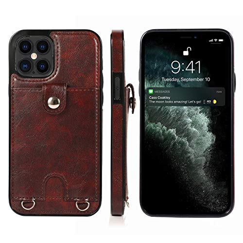 Jaorty Necklace Crossbody Case For Iphone 12/Iphone 12 Pro Pu Leather Wallet Lanyard Case Cover With Card Holder Adjustable Detachable Anti-Lost Neck Strap Case For Iphone 12/Iphone 12 Pro,6.1",Brown #TOP2