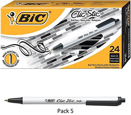 BIC Clic Stic Retractable Ball Pen, Medium Point (1.0mm) Black, 24-Count, 5 Pack