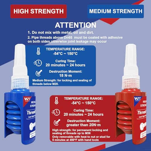 Image of Thread Lock Blue and Red, Lock Tight Threadlocker Medium and High Strength, Thread Locker for Nuts, Bolts, Fasteners and Metals, Prevent Loosening and Corrosion (50 mlx2)