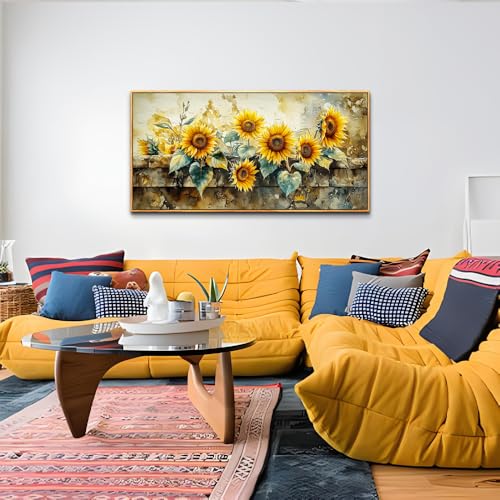 ERQINHUA Large Canvas Wall Art For Living Room Wall Decor Vintage Yellow Sunflower Painting Decor Dining Room Bedroom Bathroom Kitchen Room Wall Print Painting For Home Decor Wood Frame 20x40 In
