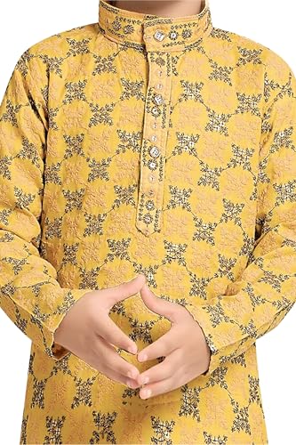 Image of TinySteps Boys' Ethnic Wear - Cotton Lakhnavi Chikan Kurta with Golden Sequence Work and Elastic Waist White Cotton Pajama - Festive & Wedding Outfit
