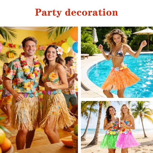 Image of Hajoyful Grass Skirt Hawaiian Luau Hula Skirts Party Decorations Favors Supplies Grass Skirts for Kids Elastic Hibiscus Flowers Tropical Hula Skirt for Party, Birthday, Celebration 12Pack