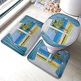  BOBO-Shop Tapis de Salle de Bain en Microfibre de Palmier Rideaux Bleus Murs Blancs Journée ensoleillée Shore Palm Island View Tapis de Bain Horizon Rest Blue Green