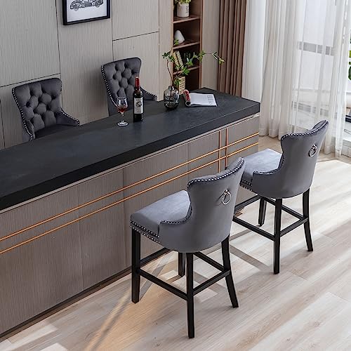 Bar-Stools-Set-of-2-Velvet-26-Counter-Height-Stools-with-Button-Tufted-Back-Rivet-Trim-Bar-Chairs-for-Kitchen-Island-Wood-Frame-Legs-Dark-Gray Bar Stools Set of 2 Velvet 26 Counter Height Stools with Button Tufted Back Rivet Trim Bar Chairs for Kitchen Island Wood Frame Legs Dark Gray