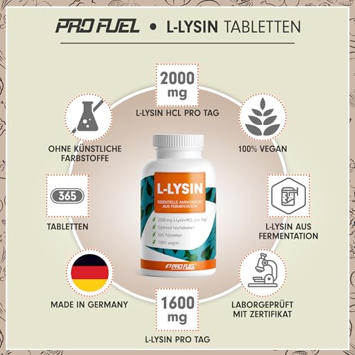 L-Lysin Tabletten 365x - optimal hochdosiert mit 2000 mg Lysin-HCL pro Tag, davon 1600 mg reines L-Lysin - essentielle Aminosäure aus Fermentation - 100% vegan - laborgeprüft mit Zertifikat