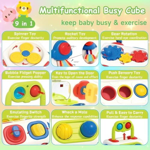 Image of Interactive Busy Cube Toy for Toddlers - Montessori Sensory Activity Box with Analog Switches, Gears, Gyroscope & Pop Handle - Early Learning Fine Motor Skills Toy for Babies 18M+ (Sensory)