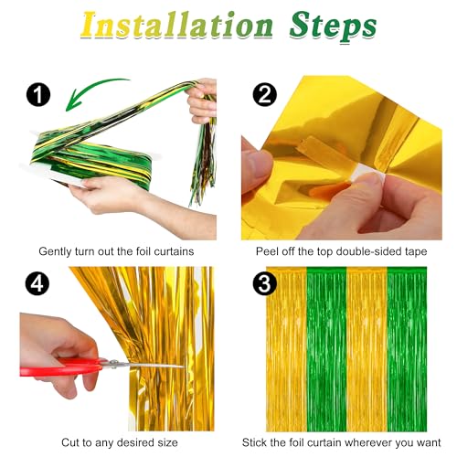 Image of ZATAYE 2 Pack Green Gold Christmas St Patricks Foil Curtain Decorations | Green Gold, Metallic Foil, 3.28 x 7.05 FT, Tinsel Backdrop, Foil Curtain Streamer, Christmas St Patricks Party