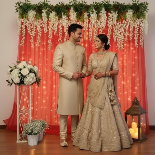 Image of Party Propz Red Backdrop Decoration with Artificial Ivory Wisteria Flower- 8 Pcs, Backdrop Cloth for Decoration Pooja, Pooja Background Decorations Items, Wedding and Haldi Decorations (Satin Mix)
