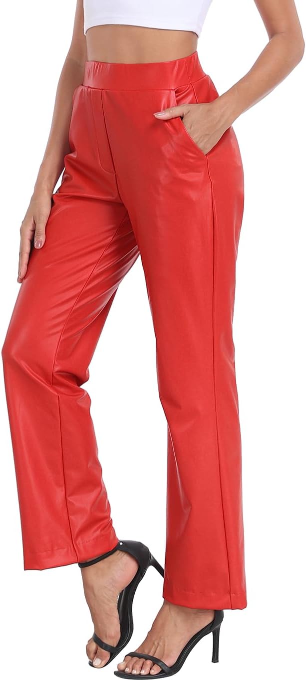 HDE Women's Pull On Faux Leather Kick Flare Pants High Waisted Pant with Pockets - Image 4
