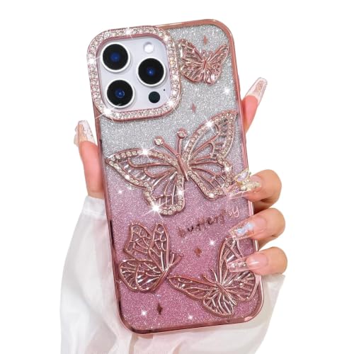 Image of Elzzi Electroplated Butterfly Phone Cover for iPhone 16 Pro Max Case, Showcasing Pearlescent Diamond Soft TPU, Camera Protection, Shockproof, Dropresistant Stylish for Girls & Women (Pink)