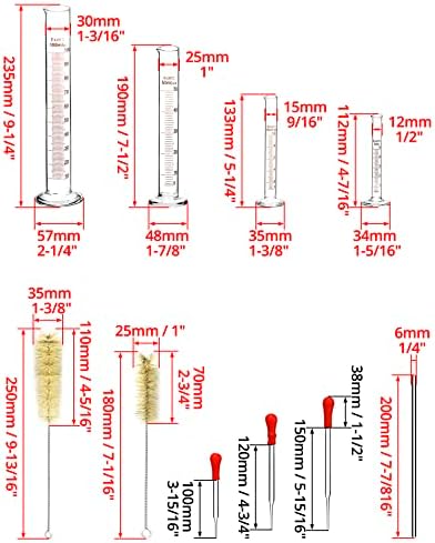 QWORK 4 szt. Szklany cylinder z podziałką, 5 ml/10 ml/50 ml/100 ml, z 3 szt. szklanych pipet, 2 szt. Szczotka do probówek, 1 szt. Szklany pręt do mieszania