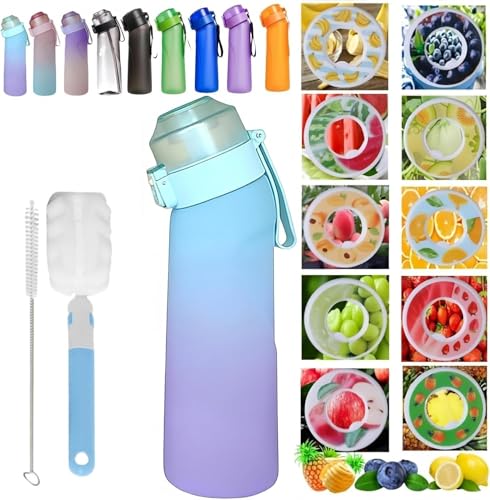 【2025年新モデル】10種類のフレーバー 味のする水筒 水の味が変わる水筒 650ml フルーツフレグランスウォーターボトル フレーバーポッド付きグラデーションカラーエアウォーターボトル フィットネスヨガアウトドア用スポーツウ、香り付き、屋外使用、ポータブル、ジム、ヨガ、オフィスに最適 (青紫)