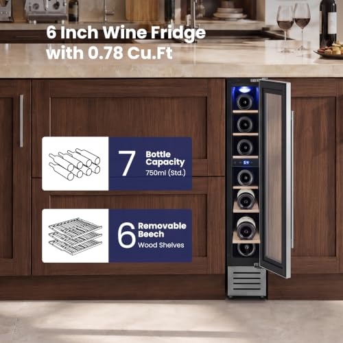Image of Yeego Wine Fridge - 7 Bottles Small Wine Cooler with Glass Door, 40-65F Built-In Freestanding or Under Counter Refrigerator for Home Bar, Kitchens