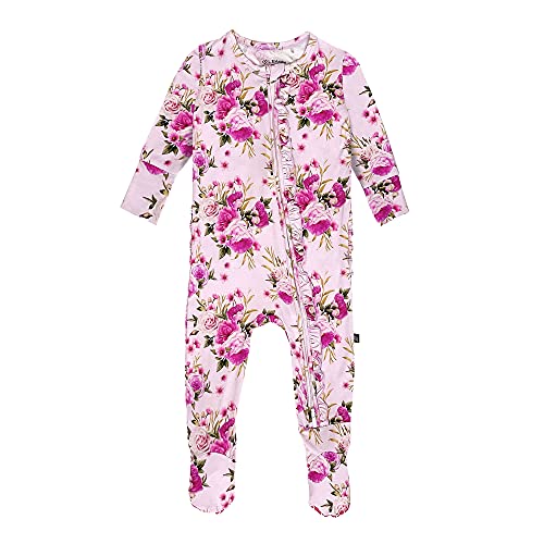 Lev Baby Girls  Bamboo Pajamas - One Piece Zippered Footies - 2 Way Zip - Soft Organic Viscose for Newborn - 2 Years - Evie - Delicate Flower - Size 9-12 Months