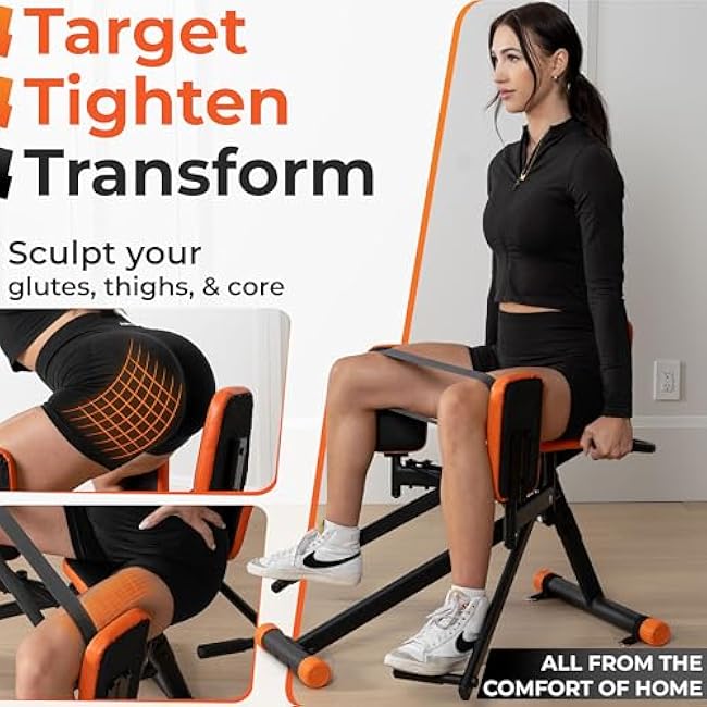 Glute Glow? Hip Abductor Machine for Home Gym- USA Based- Booty Builder & Booty Trainer for Women ¨C 3 Resistance Levels ¨C Bonus Arm Bands & Thigh Workout ¨C Glute Workout Equipment & Glute Machine