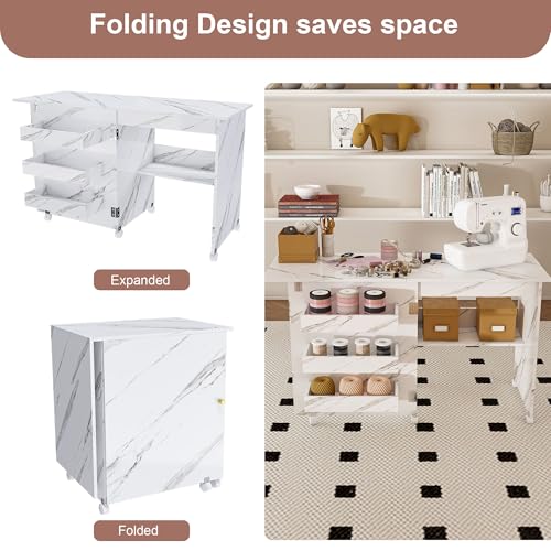 4-in-1 Folding Sewing Table with Storage, Sewing Desk Foldable with Lockable Wheels & Power Socket, Sewings Machine Cabinet & Craft Desk with Shelves, Compact Design (45 Inch)