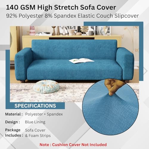 Image of Lukzer 3 Seater Blue Lining Design Universal Sofa Cover | 360 Fully Covered Anti-Slip Washable Couch Cover Protecter | 140 GSM Stretch Fit Polyester + Spandex Slipcover (180-230cm /SC-022-03)