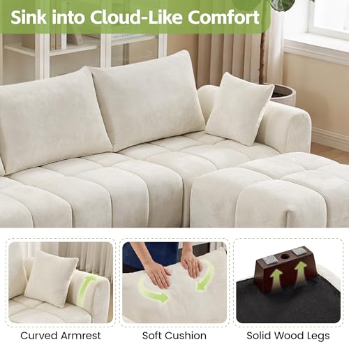 Image of 112 inch Cloud Modular L-Shaped Chenille Beige Sectional Sofa | 4 Seat Tufted Oversized Couch with Wood Legs & Movable Ottoman for Apartment Living Room